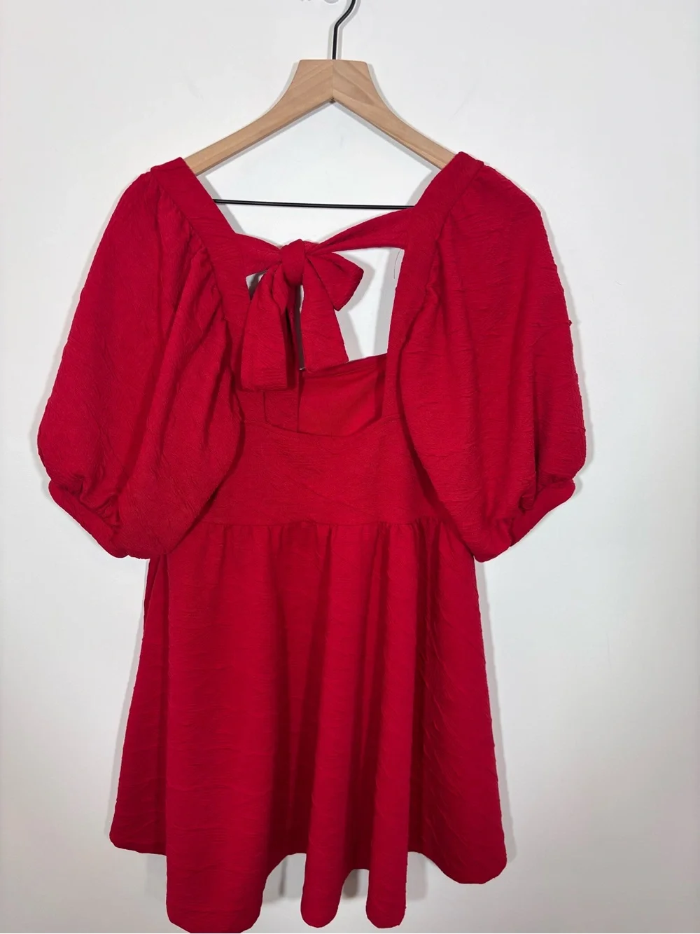 FREE PEOPLE Violet Mini Dress Textured Red Medium Puff Sleeve Tie Back Babydoll